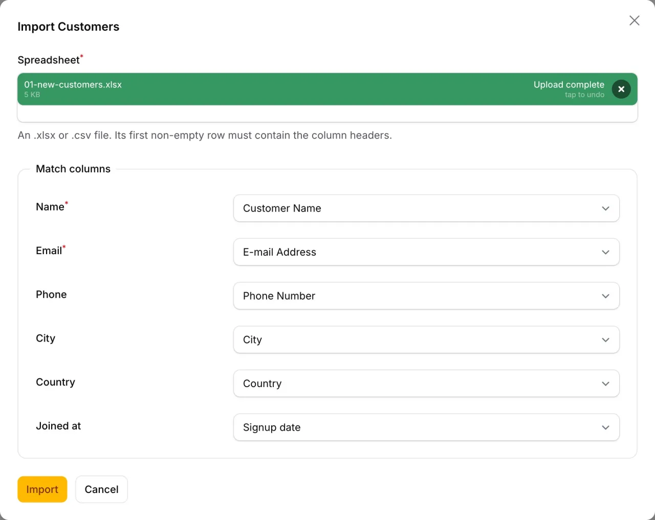 Filament Import: Original package documentation: matching spreadsheet columns to fields.