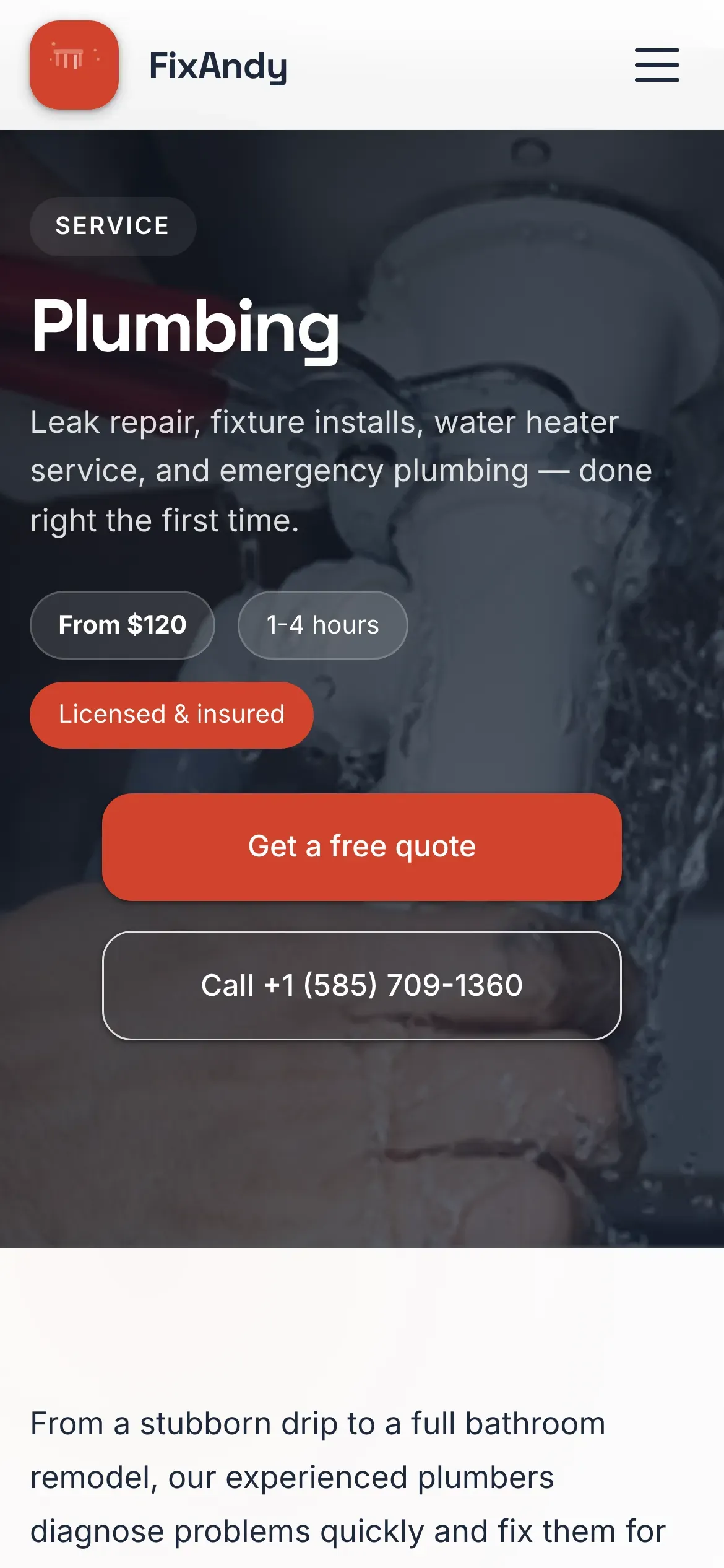 FixAndy: Service page on mobile