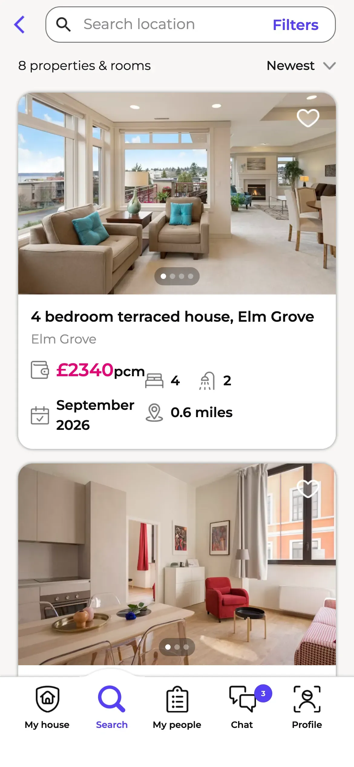Roome: Property search results with price, beds and distance to campus