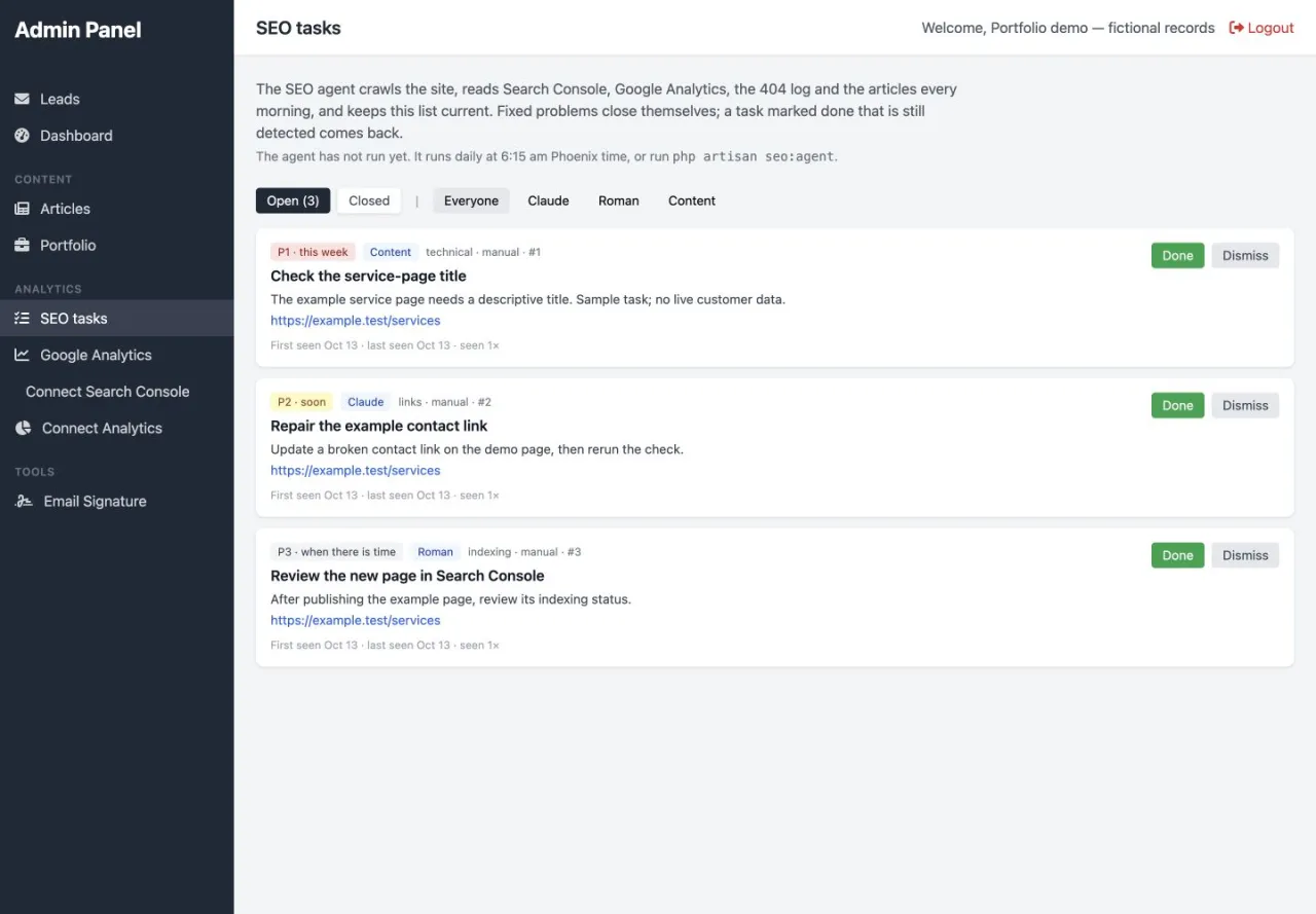 BYBOWU SEO Operations: Original task queue rendered locally with fictional SEO tasks; no live integrations.
