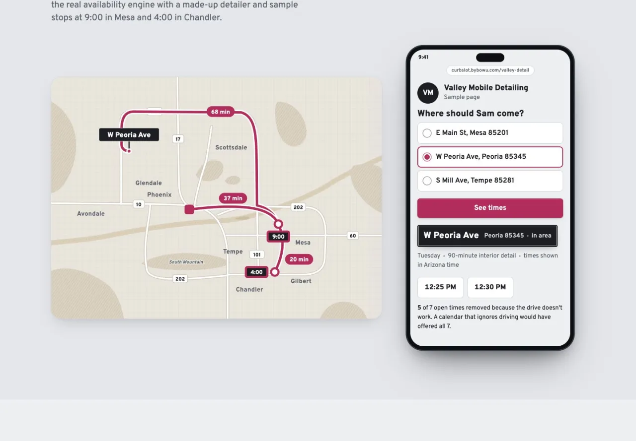 Curbslot: Scheduling prototype: sample route and appointment availability.