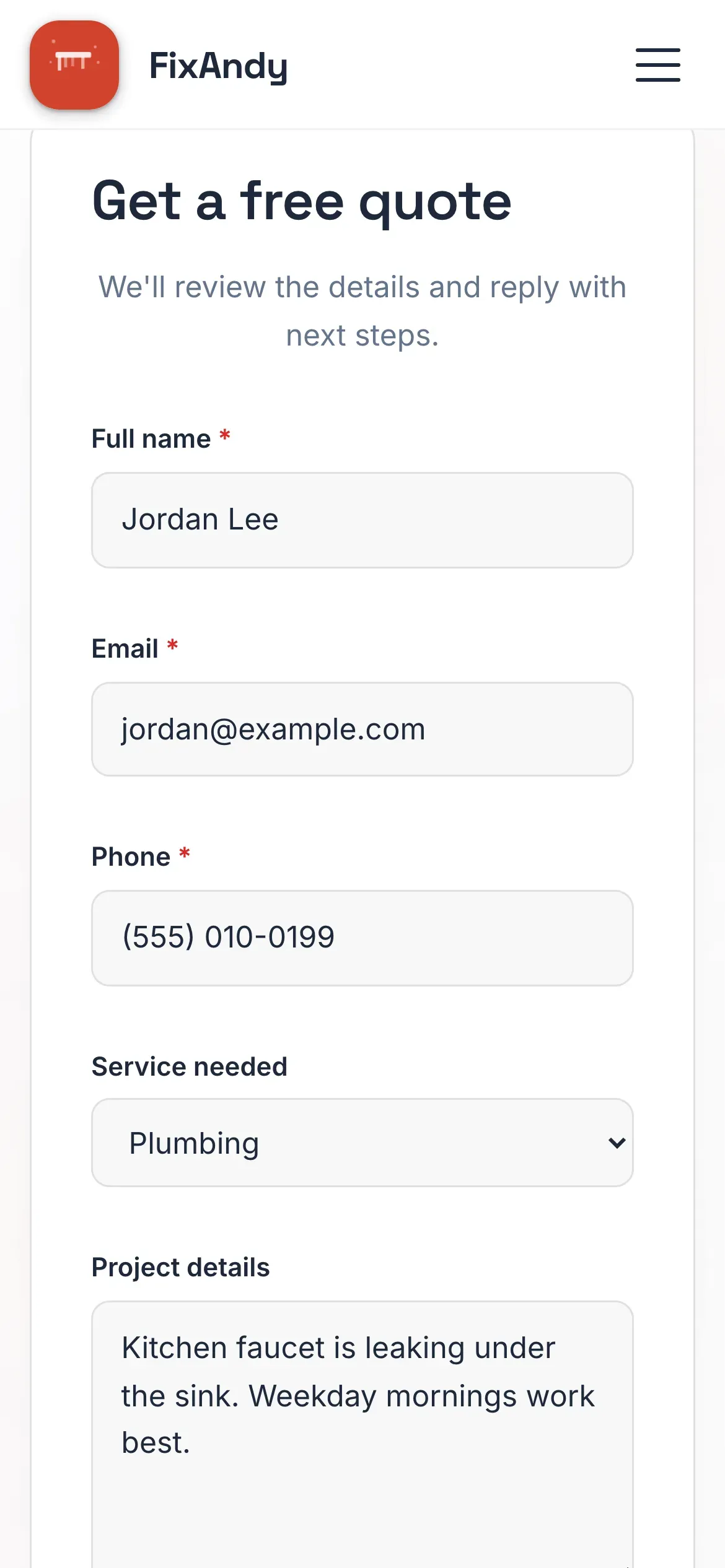FixAndy: Mobile quote form with fictional values (not submitted)