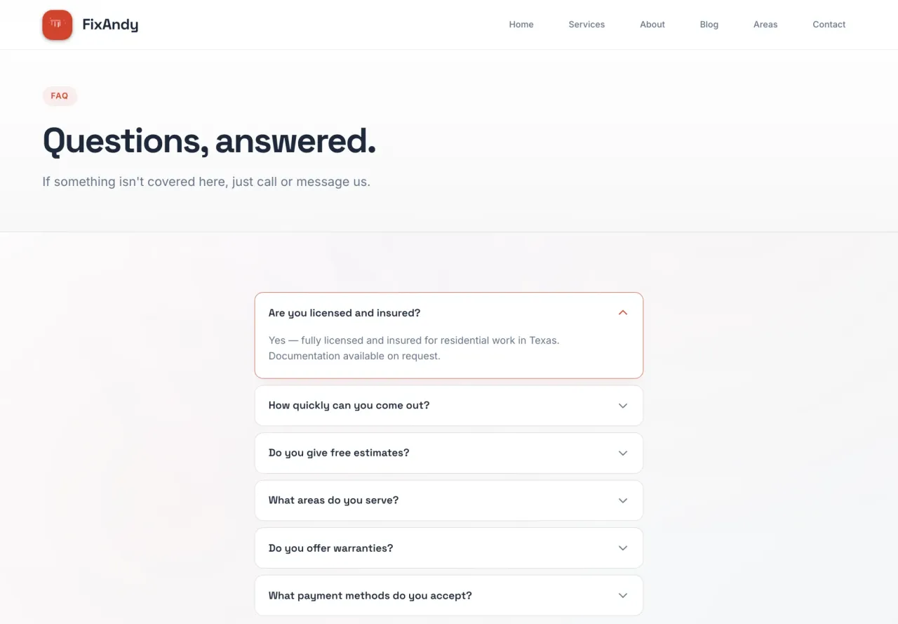 FixAndy: FAQ page with expandable answers
