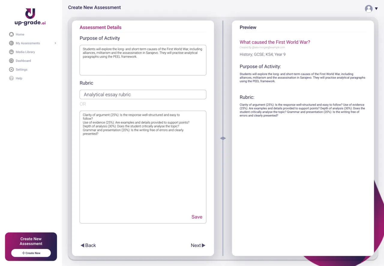UpGrade: Authoring step: purpose of activity and marking rubric