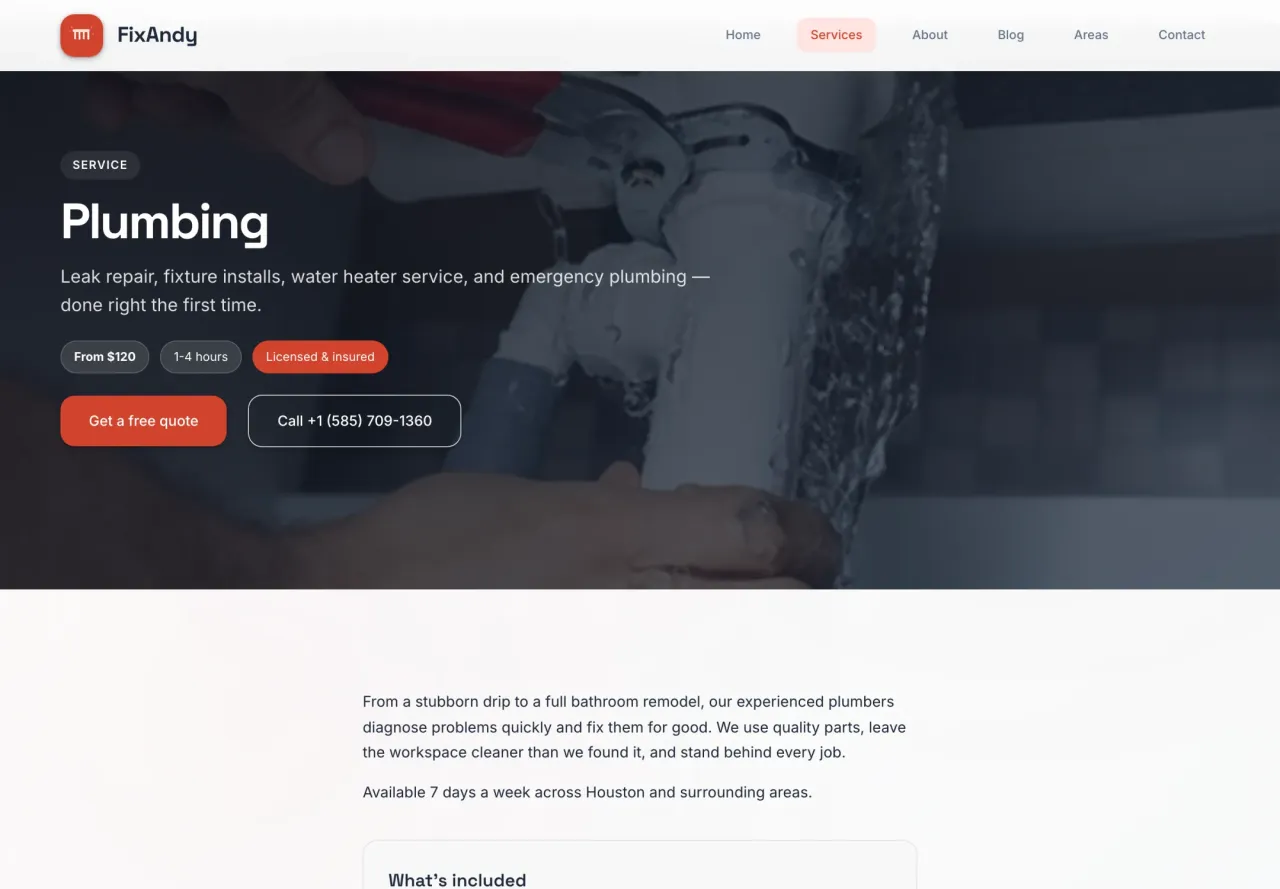 FixAndy: Service page: plumbing, with price, timing and CTAs