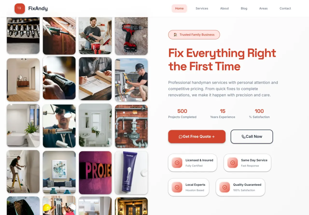 FixAndy: Home page with photo collage hero and quote/call actions