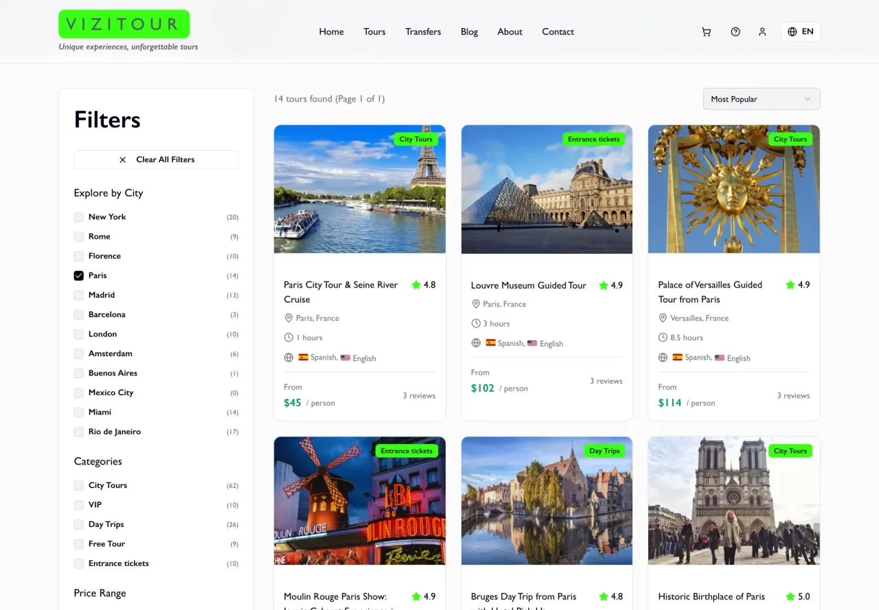 Vizitour: Tour catalog filtered by city, with category and price filters