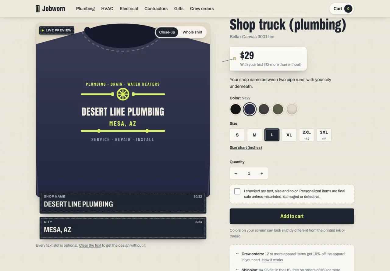 Jobworn: Store preview: customizing a shirt with a fictional business name.