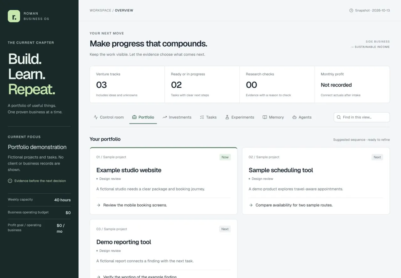 Business OS: Original portfolio interface rendered locally with fictional projects and no live integrations.
