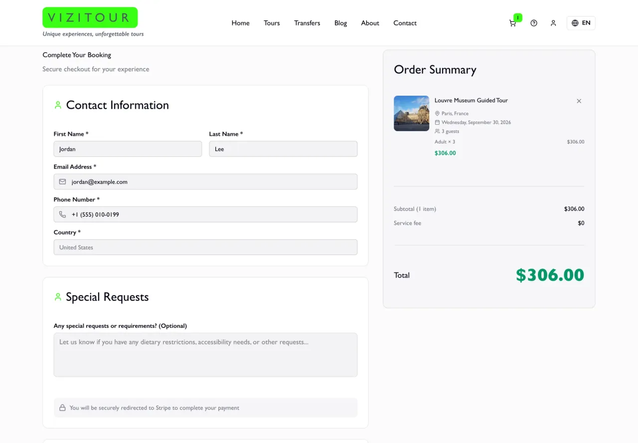 Vizitour: Checkout contact step before Stripe payment (fictional details)