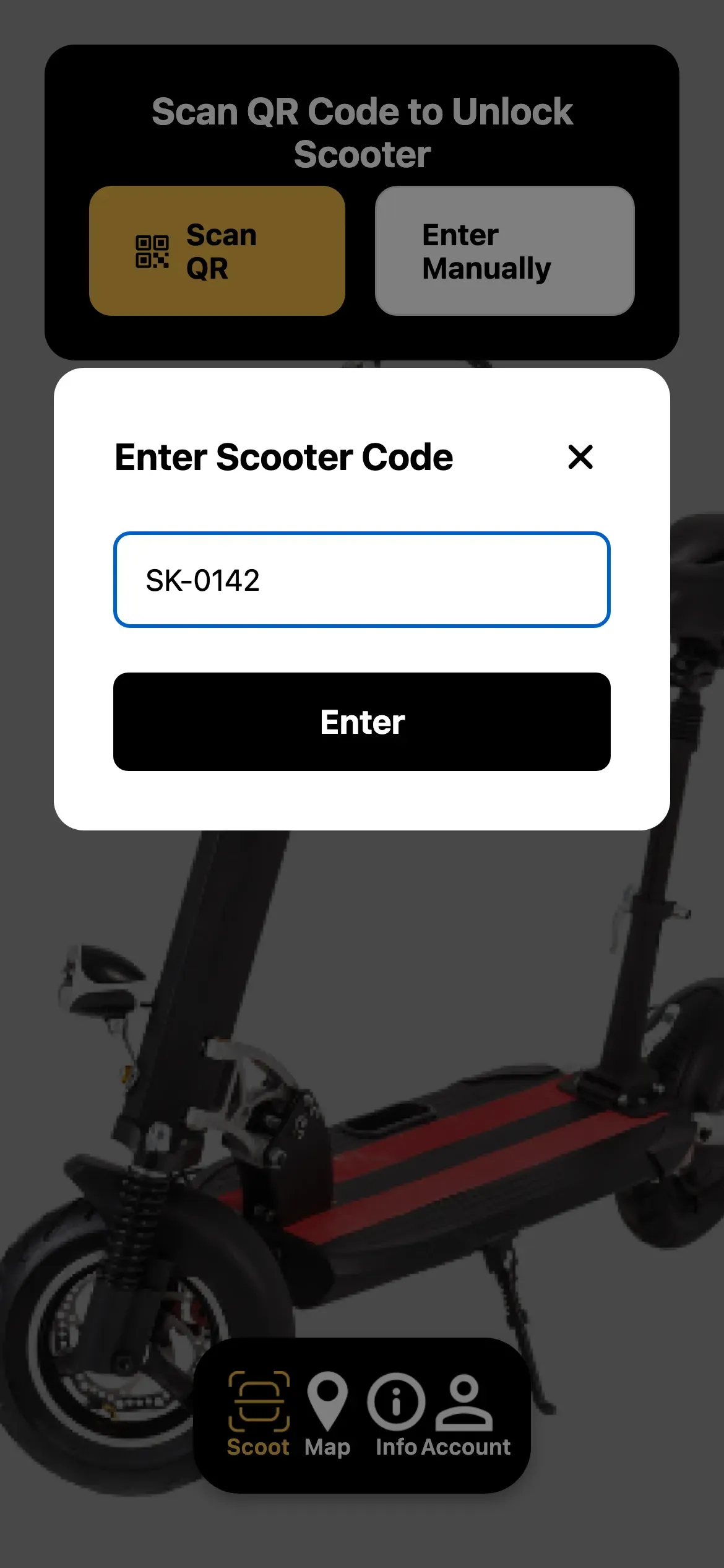 Sckootz: Manual scooter code entry dialog